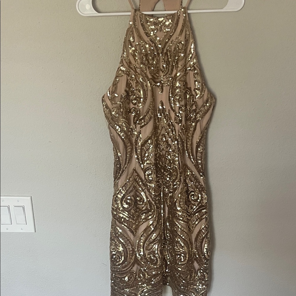 Gold Sequin Halter Dress